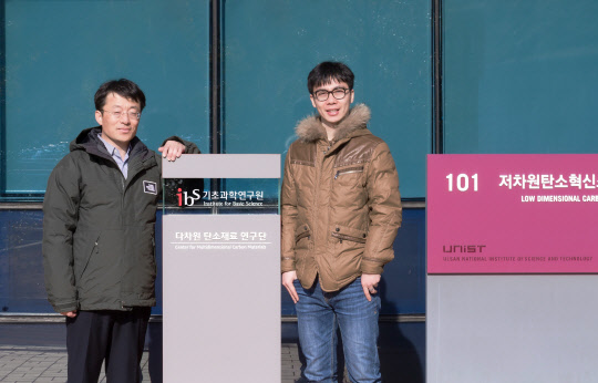 탄소나노튜브(CNT)의 구조와 물성을 원하는 대로 제어함으로써, 반도체 성질을 띠는 수평형 탄소나노튜브를 대량 생산할 수 있는 기술 개발에 성공한 펑 딩 그룹리더(왼쪽)와 샤오 왕 연구위원의 모습.  IBS 제공